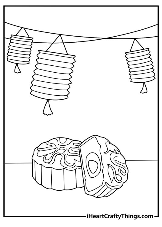 mid autumn moon festival with mooncake and lanterns coloring sheet kawaii for kids printable