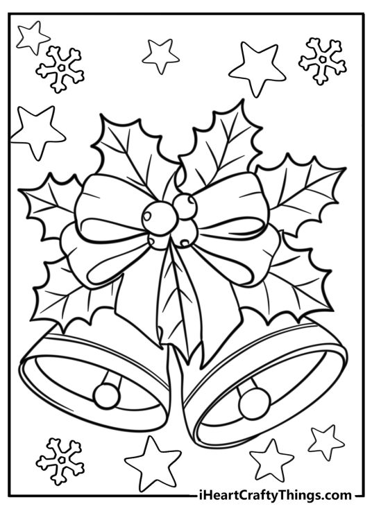 Christmas-themed image depicting two large Christmas bells tied together surrounded by stars and snowflakes