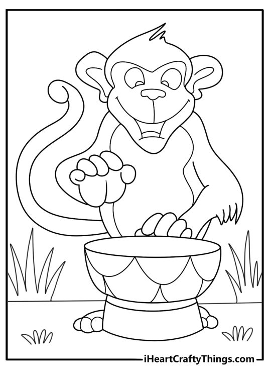 monkey drumming on a bongo fun printable coloring sheet