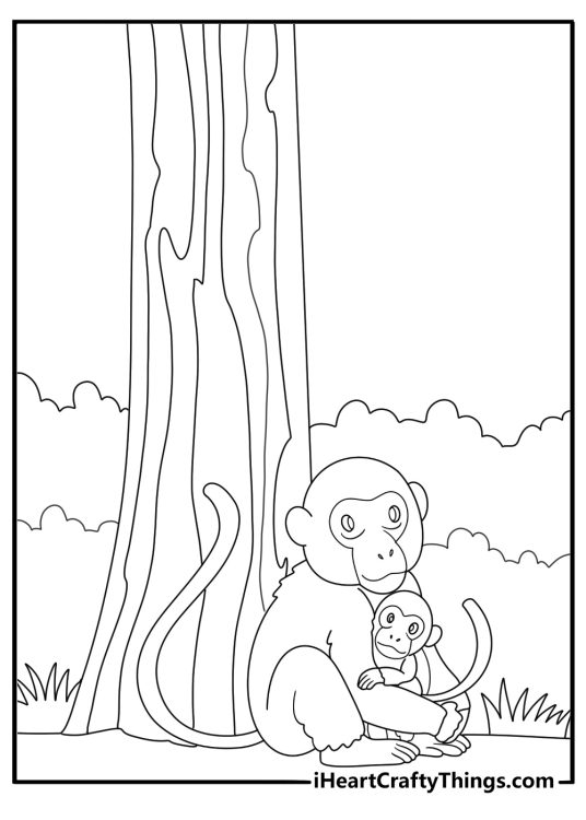 monkey family sitting under a tree printable coloring page