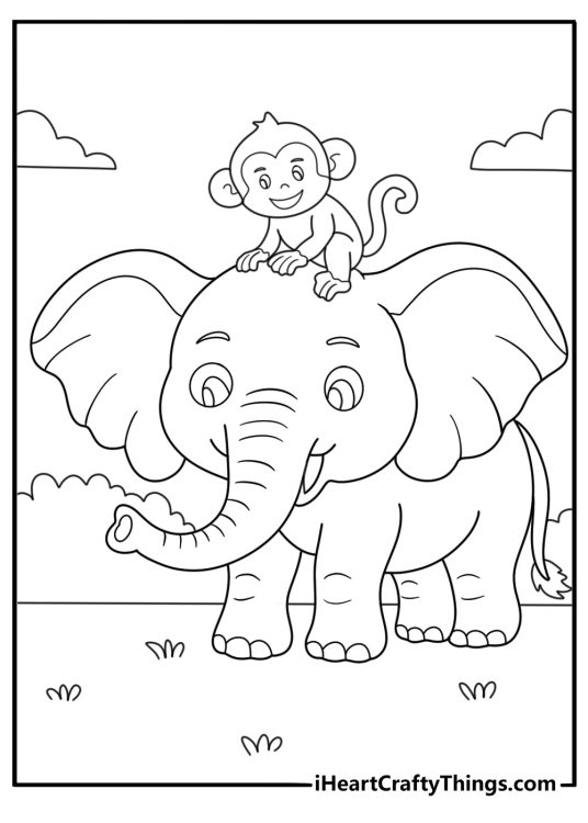 monkey riding on an elephant cartoon coloring page