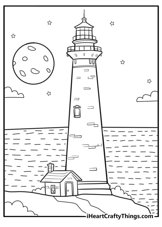 moon over ocean with lighthouse coloring page relaxing printable for adults