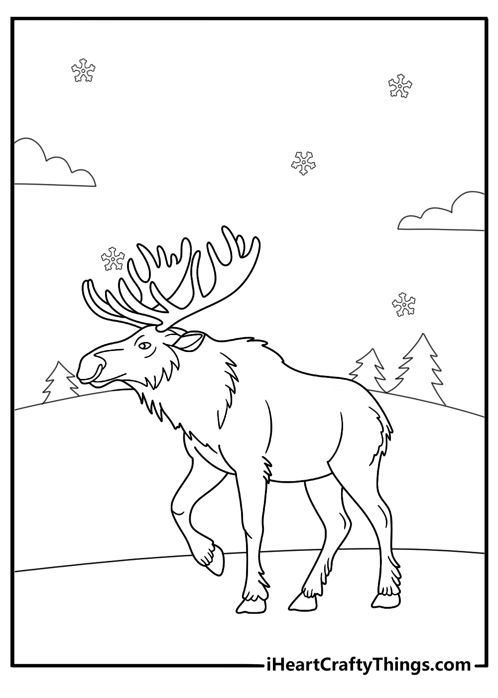 moose with large antlers walking through the snow printable coloring page