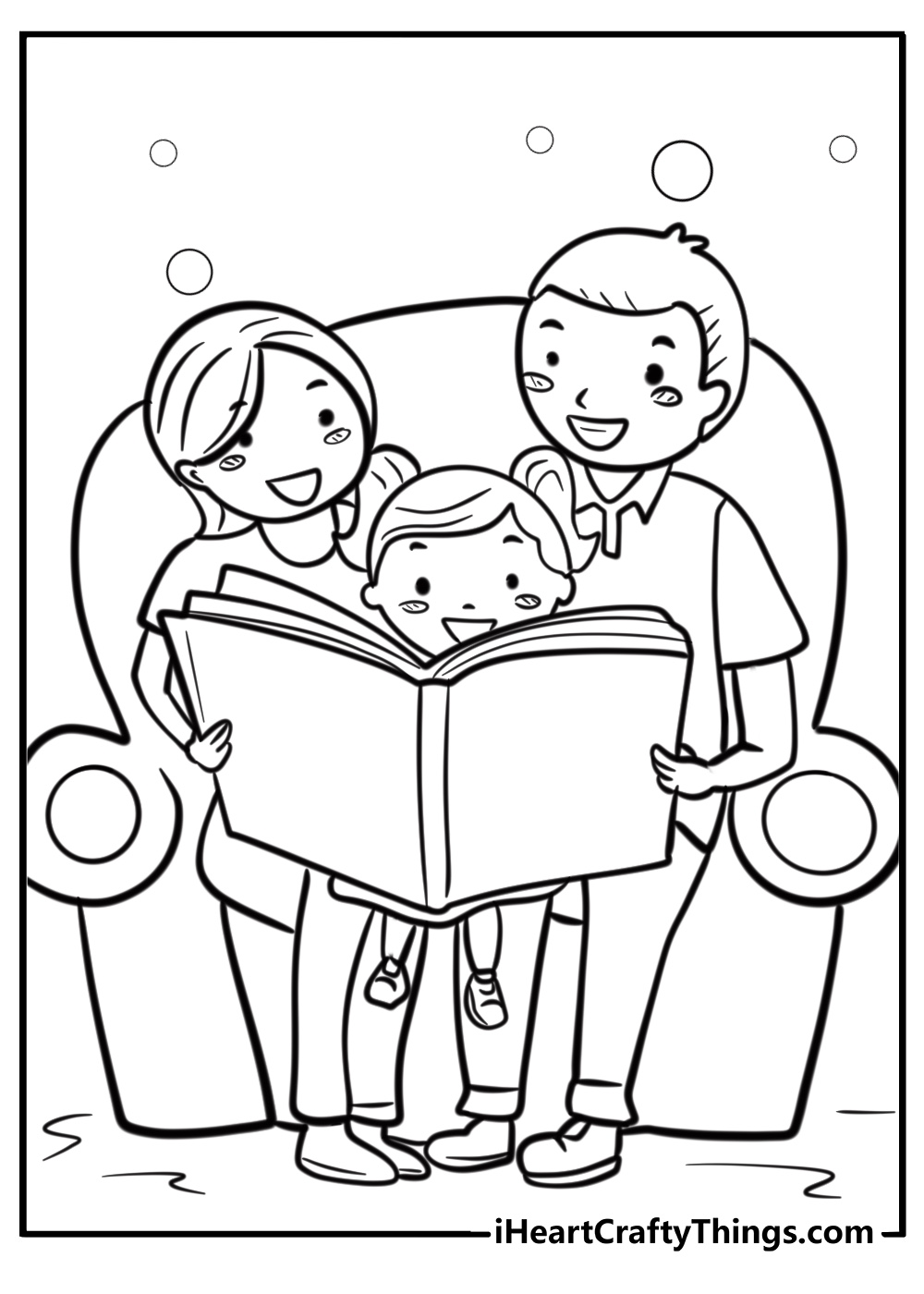 Mother and father reading a story to their kids coloring sheet