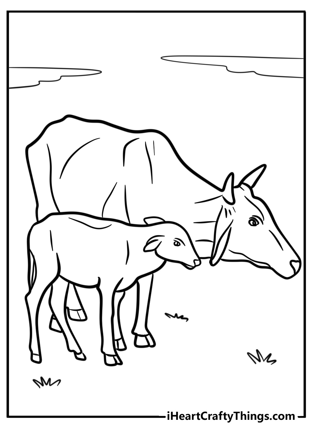 Mother cow and baby calf together printable coloring page