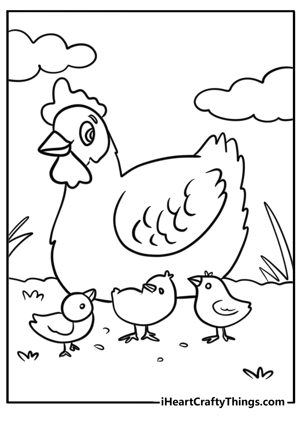 Mother hen with her baby chicks printable coloring page