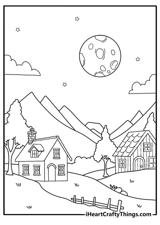 mountain village under full moon coloring sheet cozy scene for kids pdf
