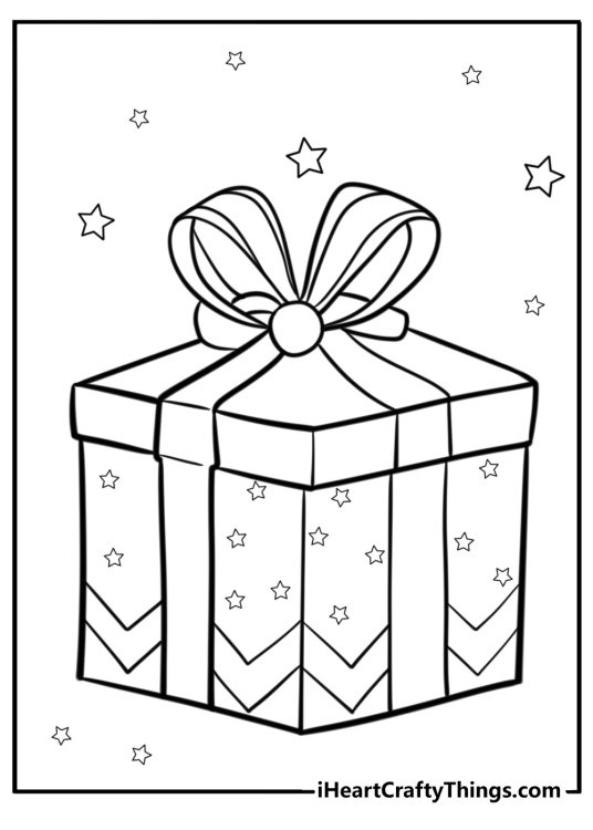 Free printable page to color of a square-shaped Christmas present with big bow and stars in the background
