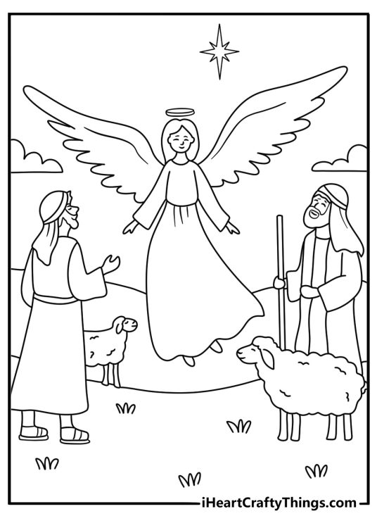 nativity coloring page featuring an angel singing above the bethlehem fields