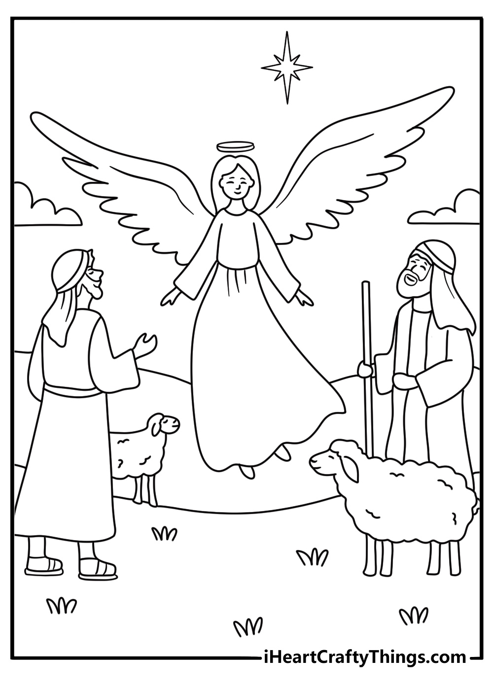 nativity coloring page featuring an angel singing above the bethlehem fields