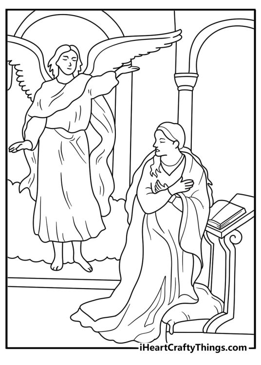 nativity coloring page showing the angel gabriel visiting mary