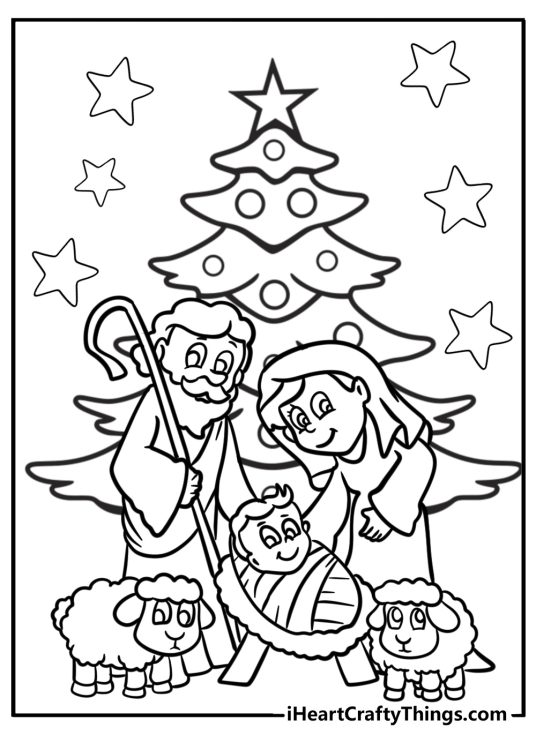 Christmas-inspired coloring page presenting Nativity scene with Holy family featured in front of Christmas tree