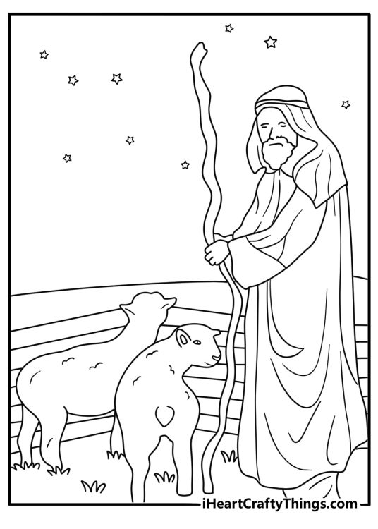 nativity coloring pages scene featuring shepherds watching their flock at night
