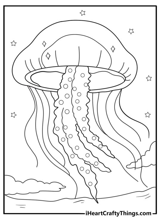 night ocean jellyfish coloring page bioluminescent glow effect lines stars above water silhouette printable