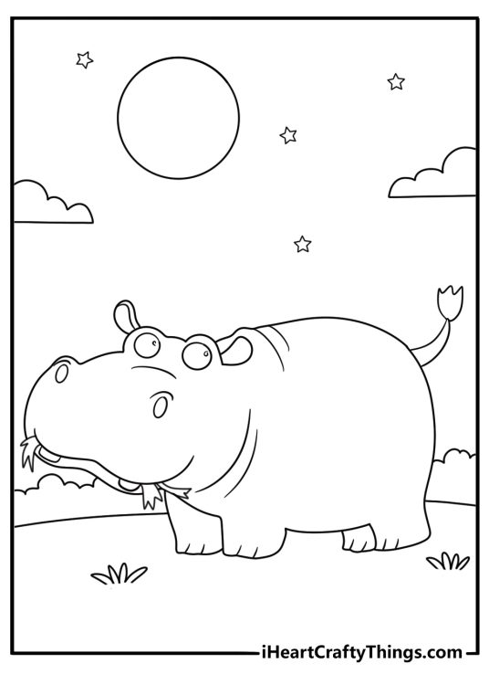 night scene hippo coloring page hippo eating grass with moon and stars above easy printable