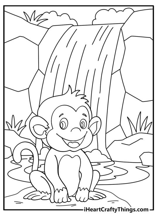 monkey sitting near waterfall jungle scene coloring sheet