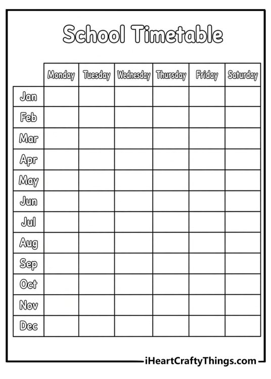 november coloring page for kids showing a school timetable with the month name