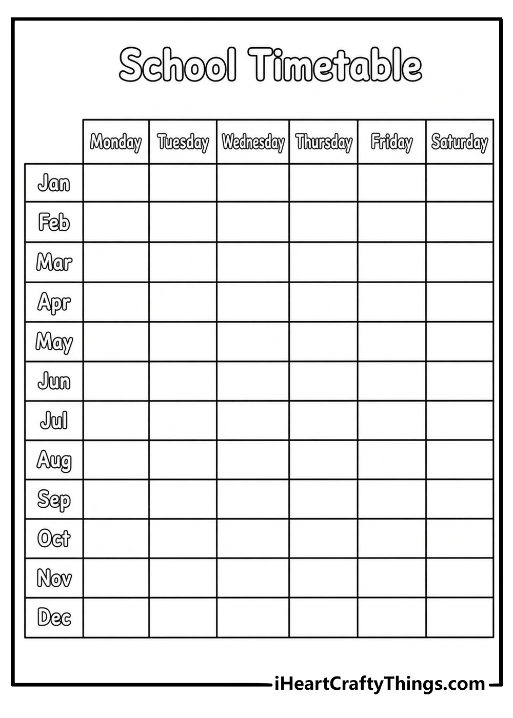 november coloring page for kids showing a school timetable with the month name