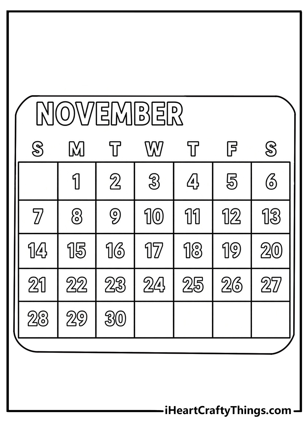 november coloring page showing a calendar with all 30 days of the month