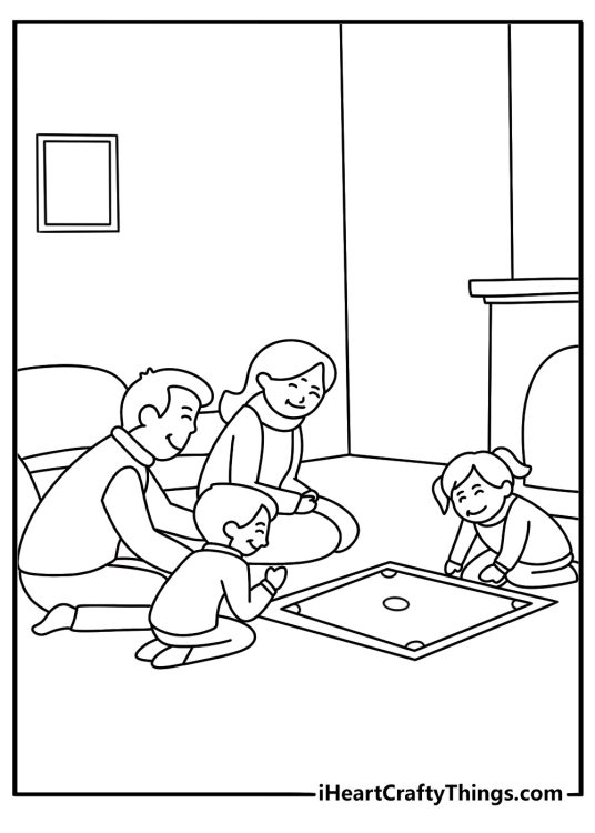 november coloring pages scene featuring a family playing board games indoors