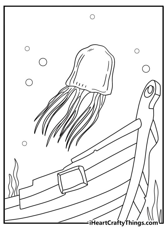 ocean scene coloring page single box jelly near shipwreck for teens and adults detailed pdf