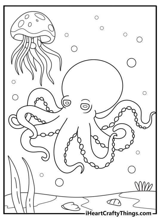 octopus and jellyfish drift in deep sea nighttime scene advanced coloring printable pdf