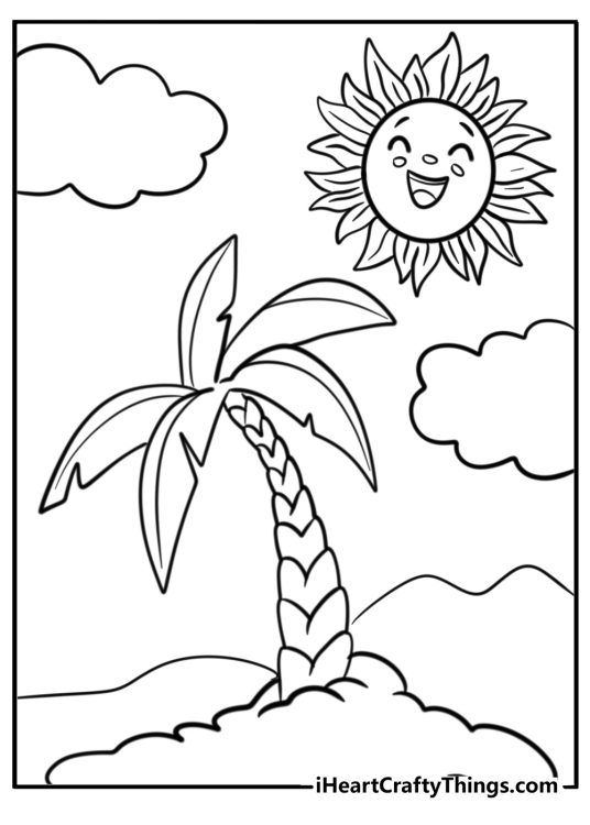 Picture for children featuring palm tree and a cartoony smiling sun with clouds above it