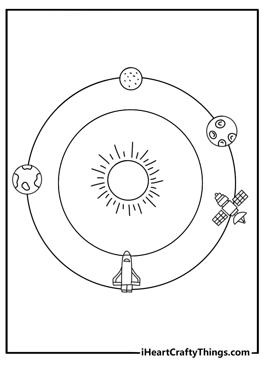 orbit scene with planet and satellites making the letter O space coloring page