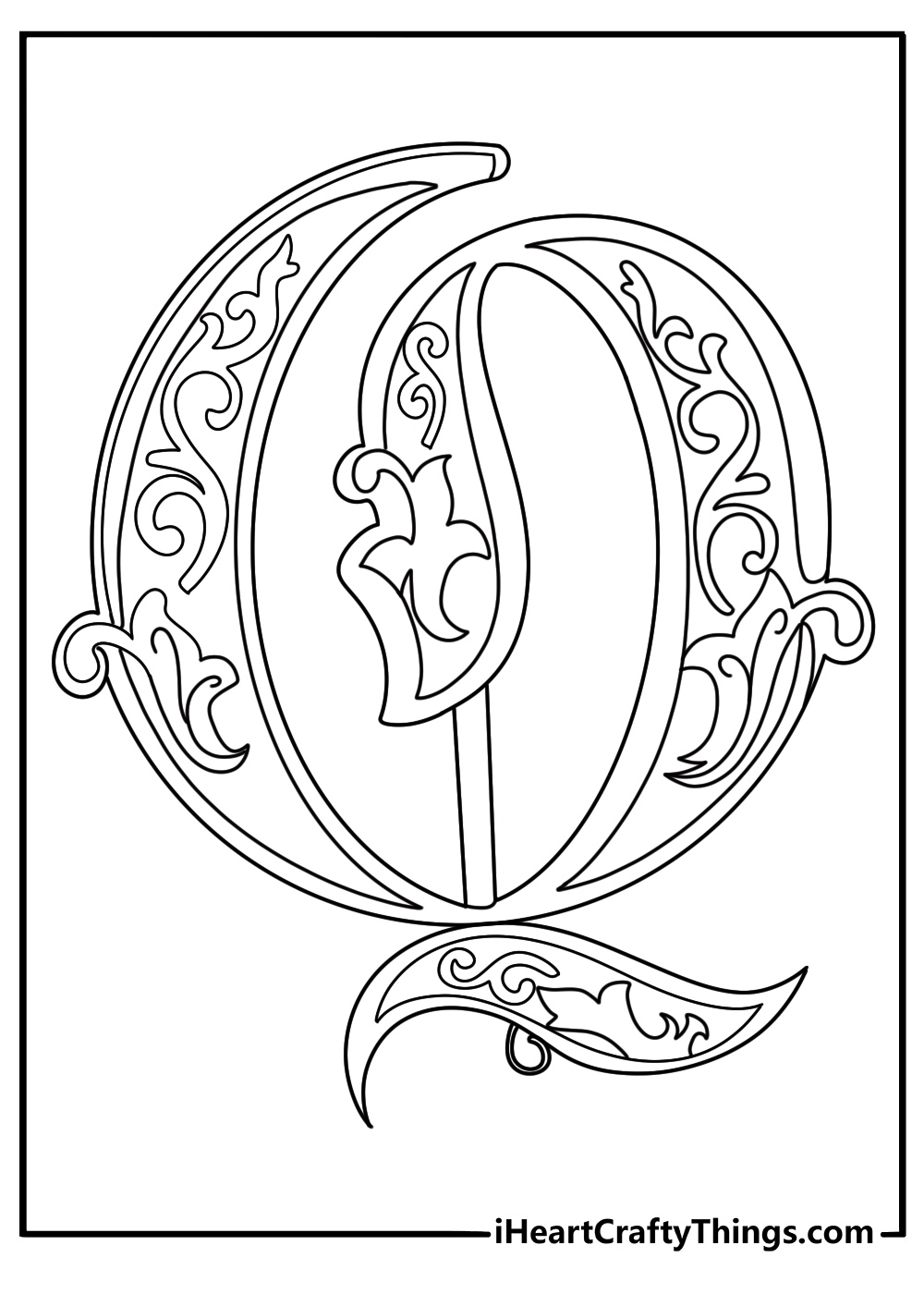 ornate gothic letter O alphabet coloring page detailed printable for adults