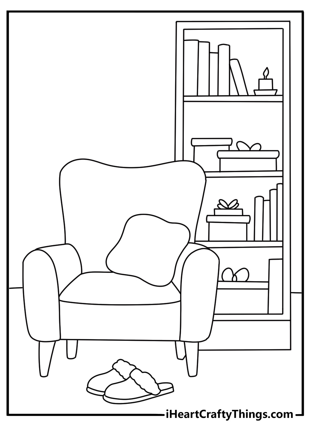 pair of warm slippers rests beside a reading chair inthis cozy november printable