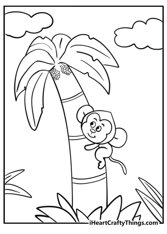 Picture for children to print and color featuring palm tree with a monkey climbing up the tree