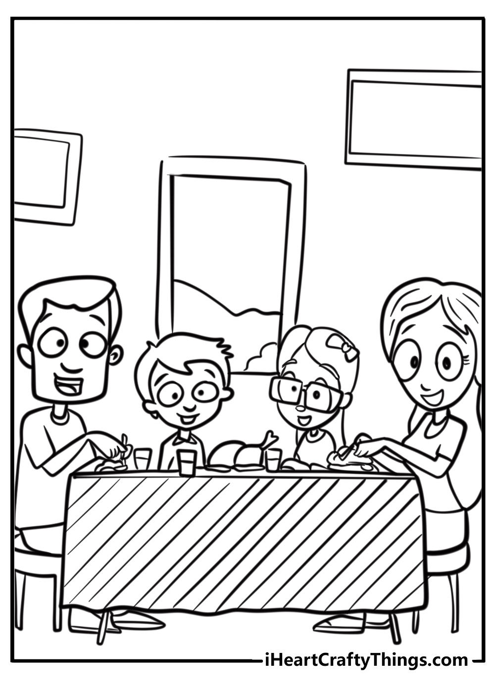 Parents and children sitting around the dinner table coloring sheet