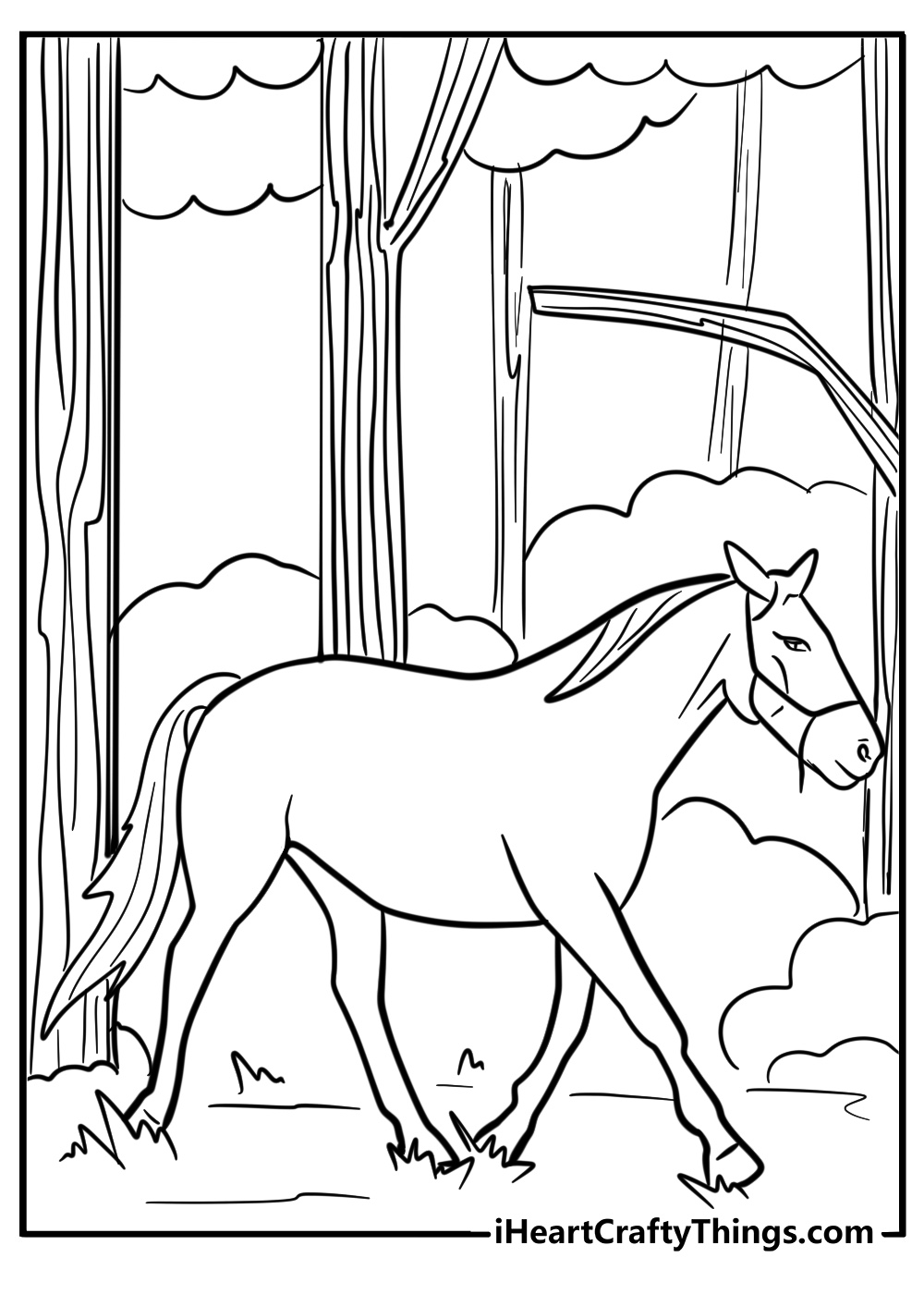 Pegasus coloring page trotting in the forest