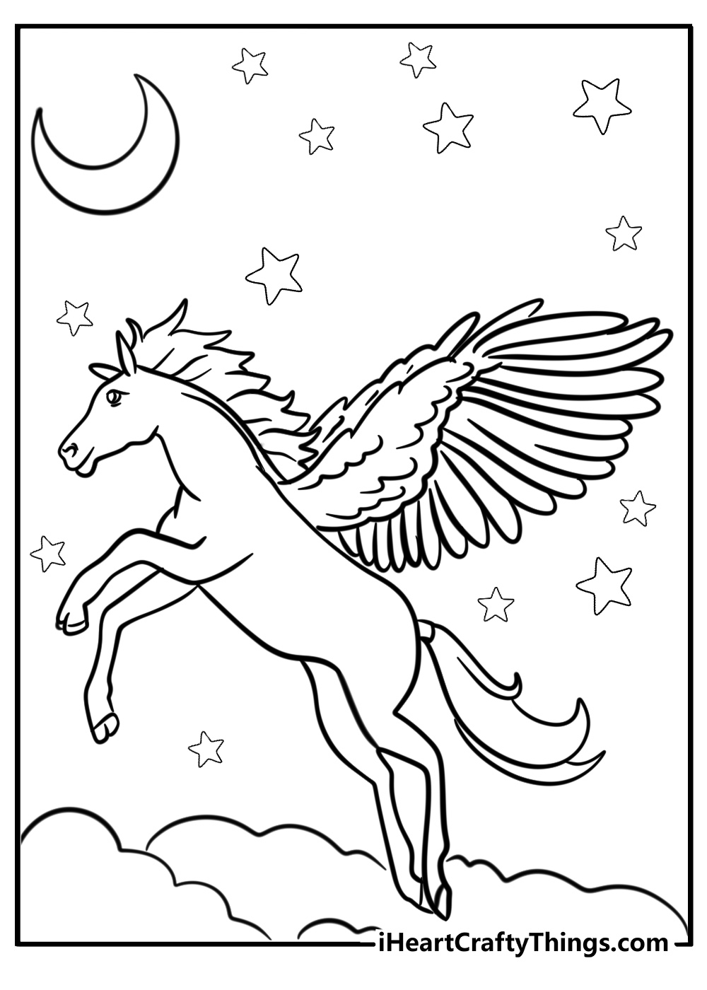 Pegasus coloring page with massive wings in the starry night sky
