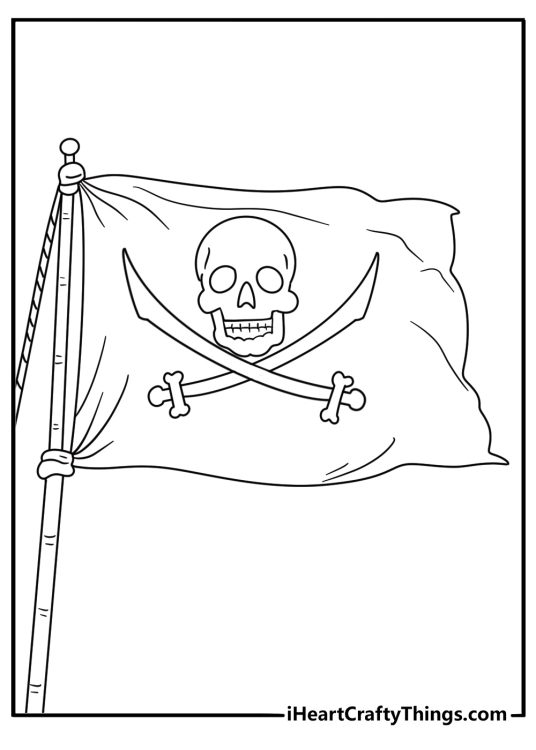 pirate flag coloring page with a skull banner flying over a mast