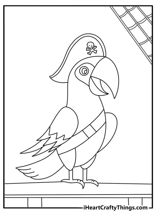 pirate parrot coloring pages with a talking bird perched on a wooden rail