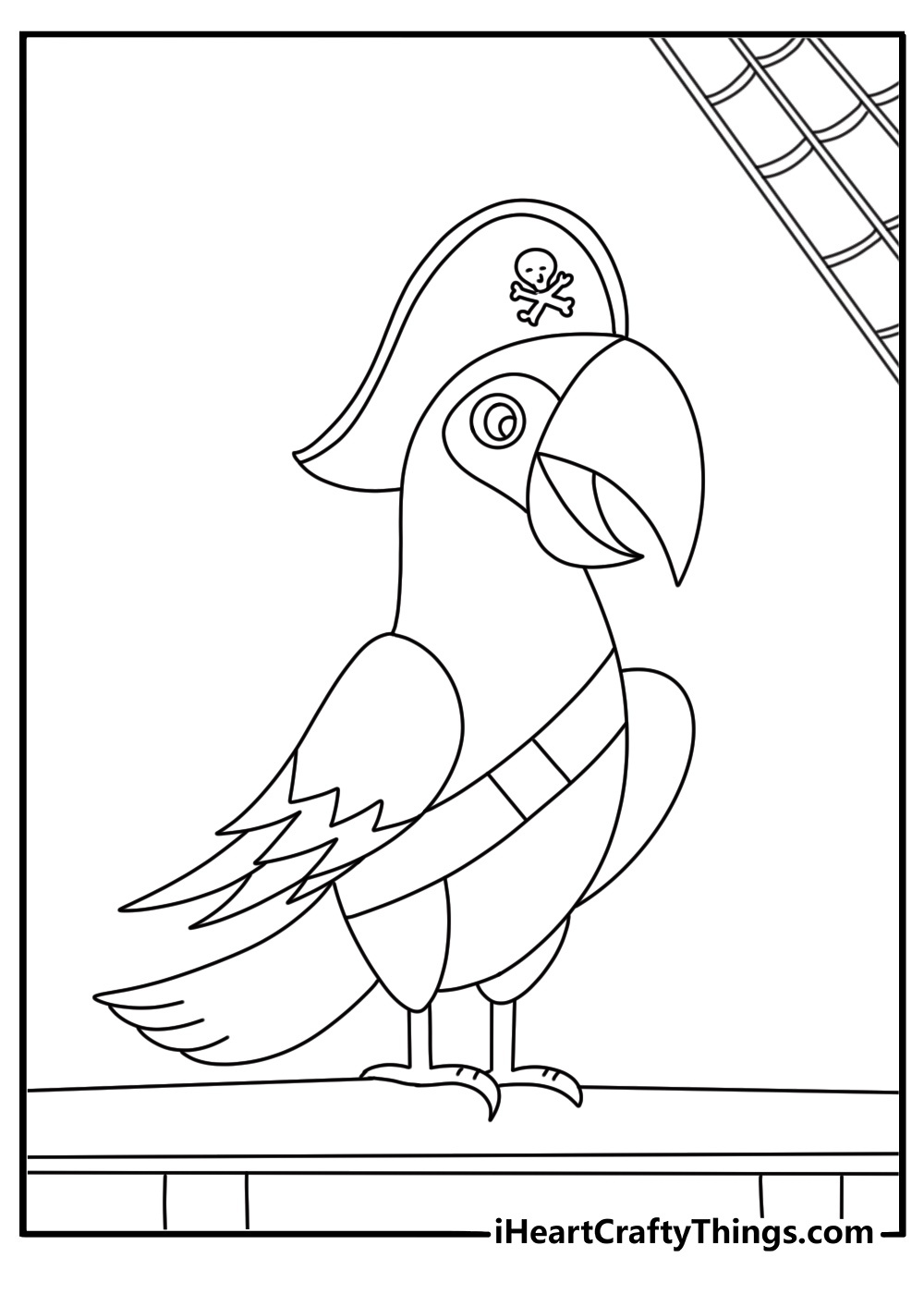 pirate parrot coloring pages with a talking bird perched on a wooden rail
