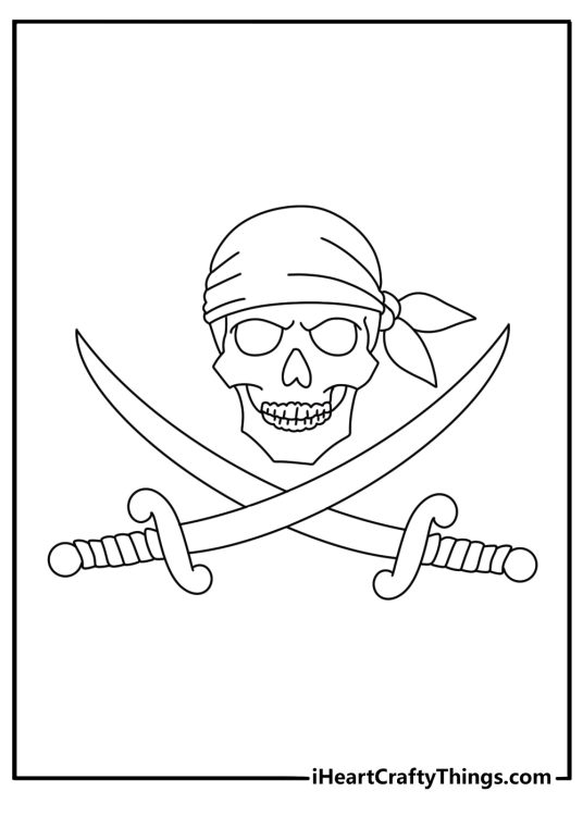 pirate skull coloring page with crossed sabers under a bandana