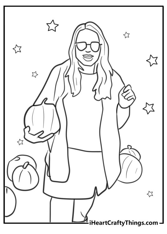Fall printable depicting a woman holding small pumkin in her right hand with stars and pumpkins in the background