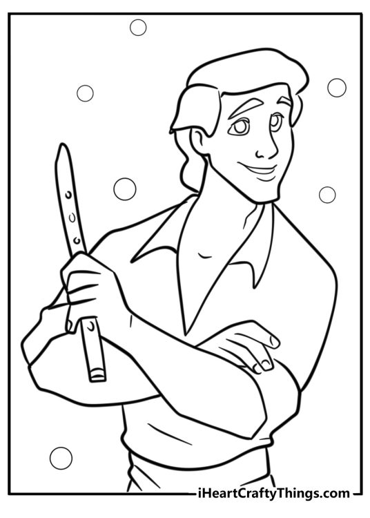 Ariel-themed coloring picture presenting a close-up portrayal of Prince Eric with bubbles all around him
