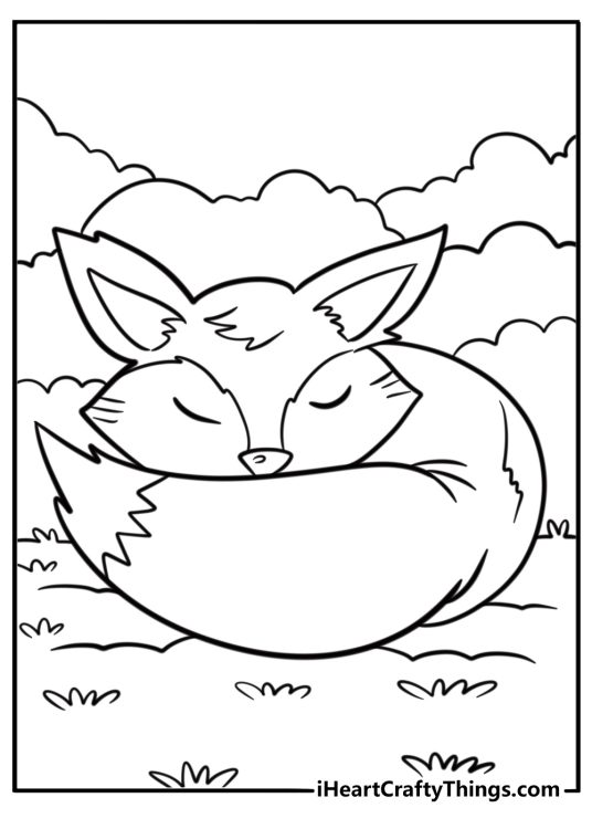 Printable coloring page of a sleeping fox curled up in a ball with a forest background