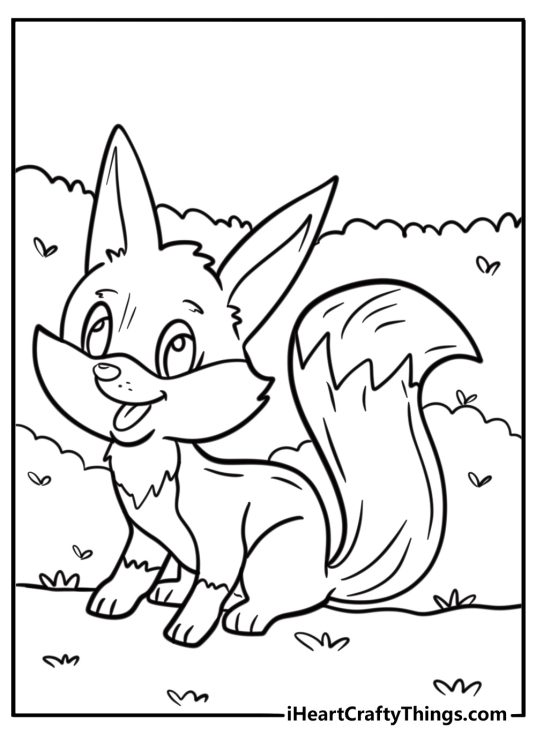 Printable coloring page of a smiley fox with large pointed ears and big tail sat on a path