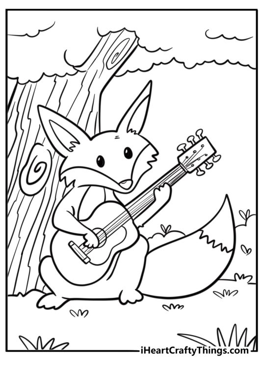 Printable coloring sheet of a fox with large pointed ears leaning against a tree in a forest and playing guitar