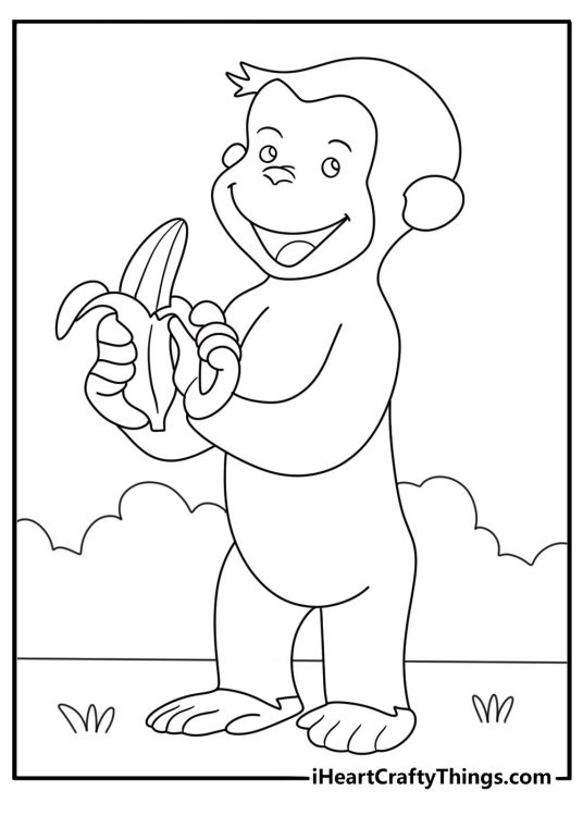 printable coloring sheet of an excited curious george peeling banana in a standing position