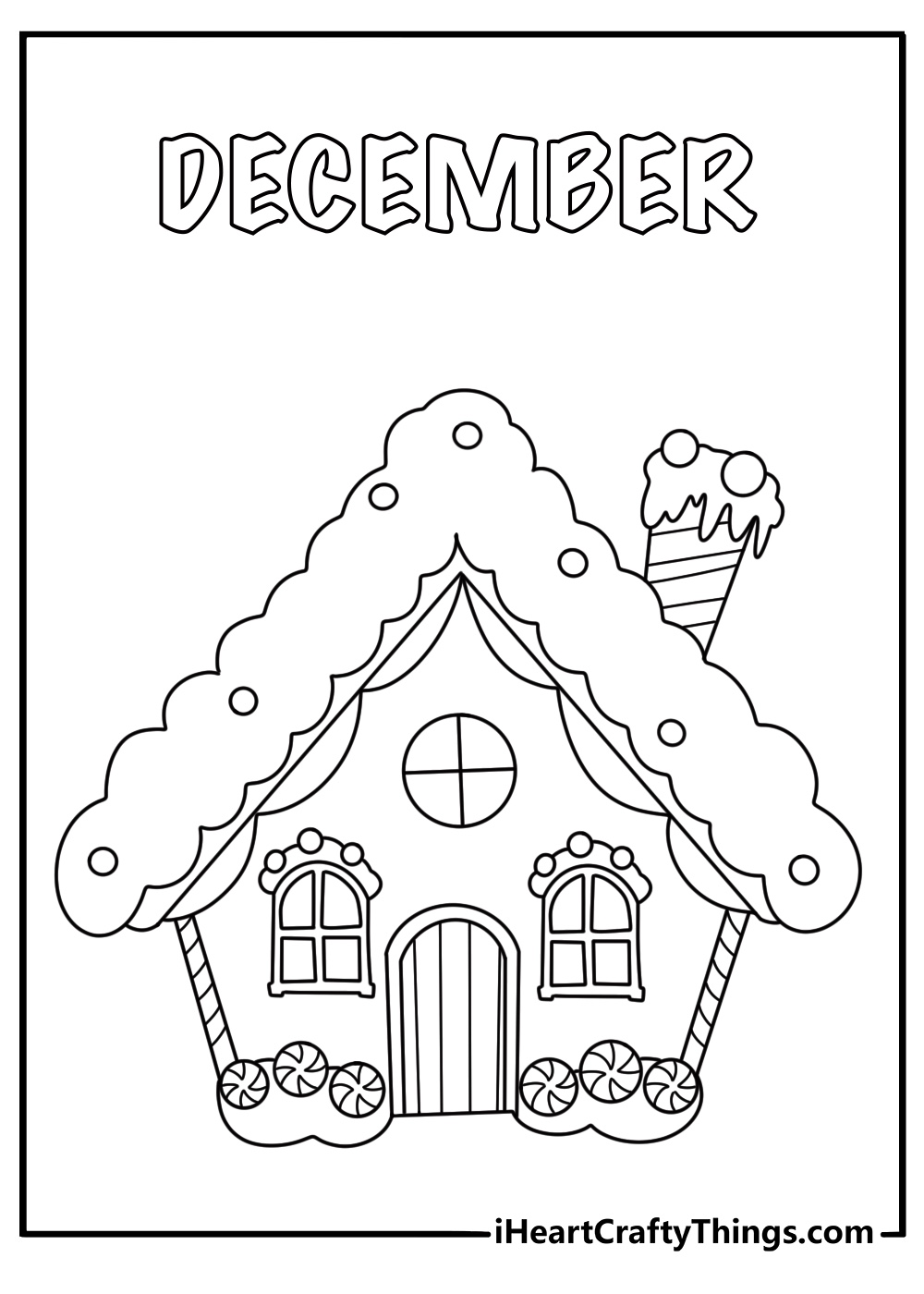 printable december coloring sheet showing a gingerbread house decorated with icing