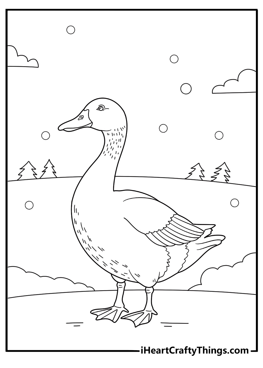 printable duck coloring page mallard standing in light snowfall near a frozen pond winter theme