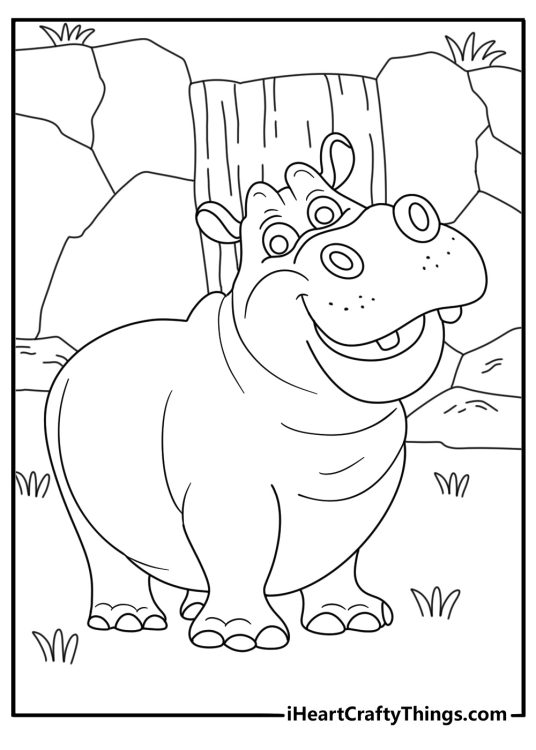 printable hippo sheet featuring a large hippopotamus near a waterfall