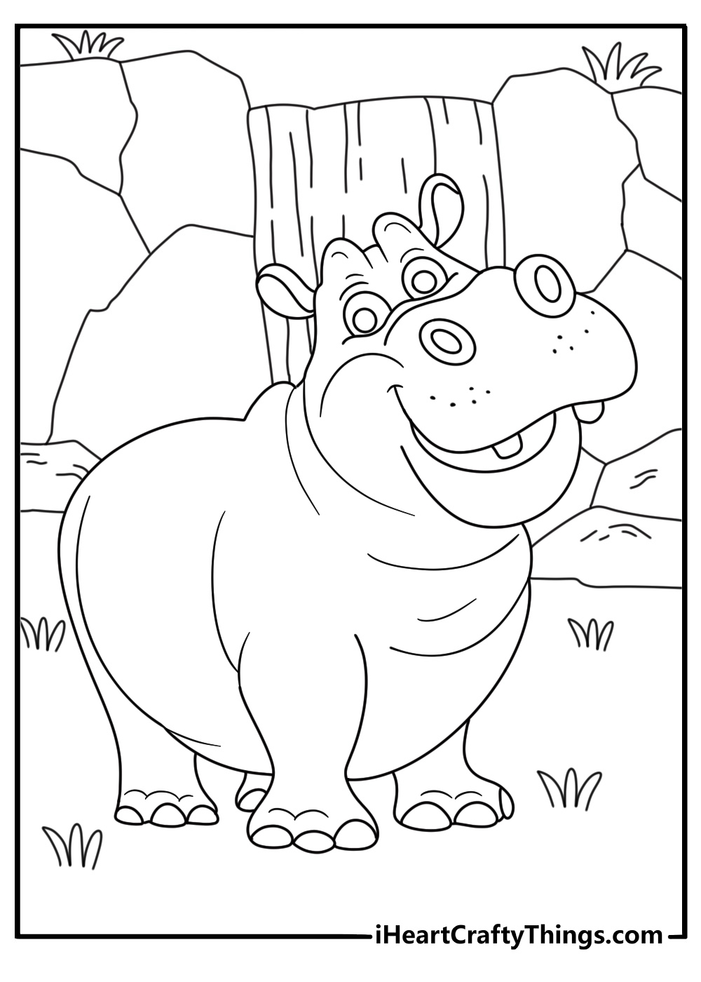 printable hippo sheet featuring a large hippopotamus near a waterfall