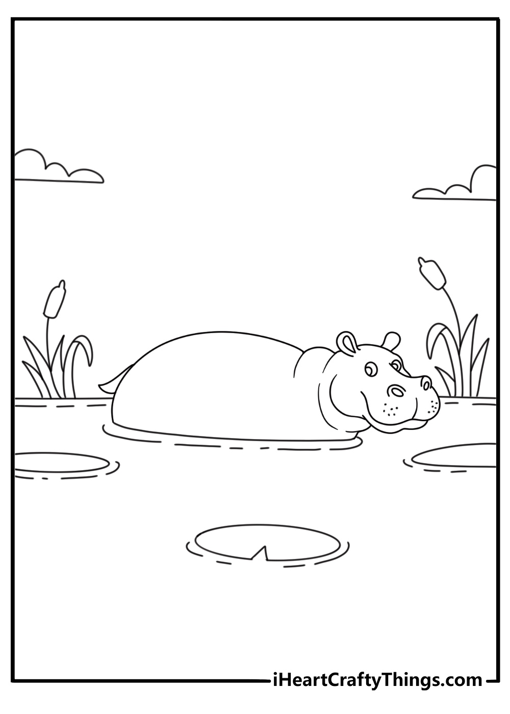 printable hippopotamus sheet featuring a hippo surrounded by floating water plants
