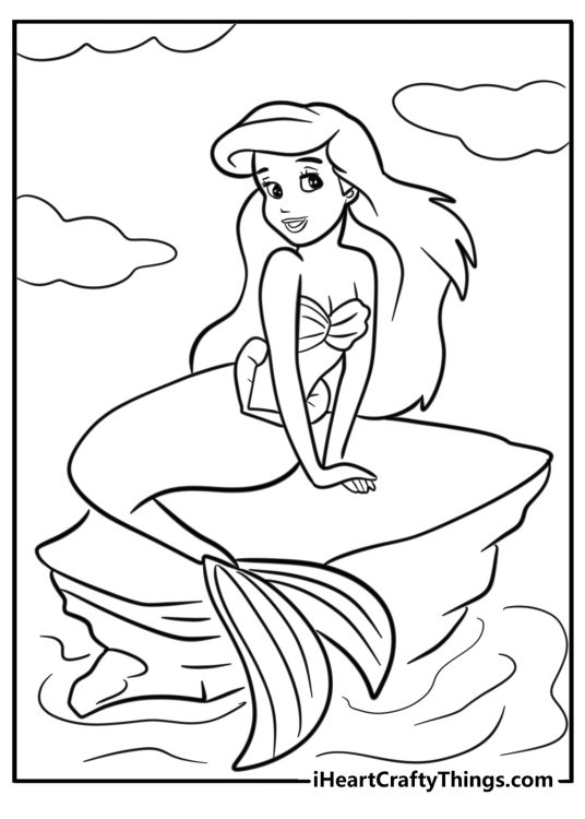 Printable coloring sheet for children featuring Little Mermaid character mermaid Ariel posing on a rock